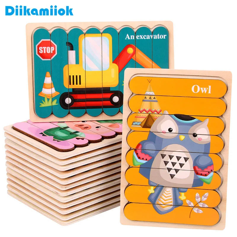 Doppelseitiges Holzpuzzle mit Cartoon-Tieren – Montessori Lernspielzeug für Kinder ab 3 Jahren