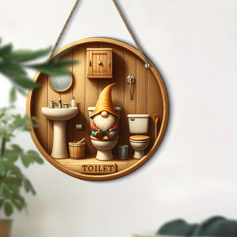 Runde Holz-Dekoplatte mit Gartenzwerg-Motiv – Türschild Bad