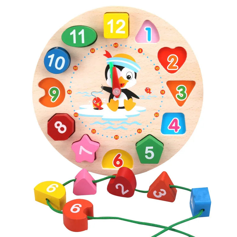 Montessori Holzuhr mit Zahlen & Pinguinmotiv – Lernspielzeug zum Uhrlesen & Farben-Sortieren für Kinder ab 3 Jahren