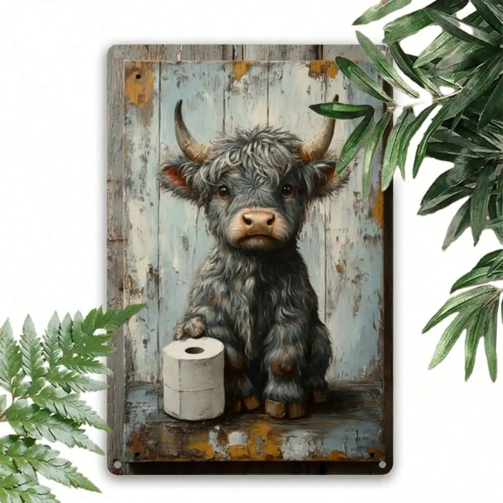 Metallschild Highland-Kuh mit Toilettenpapier – Witzige Vintage-Wanddeko