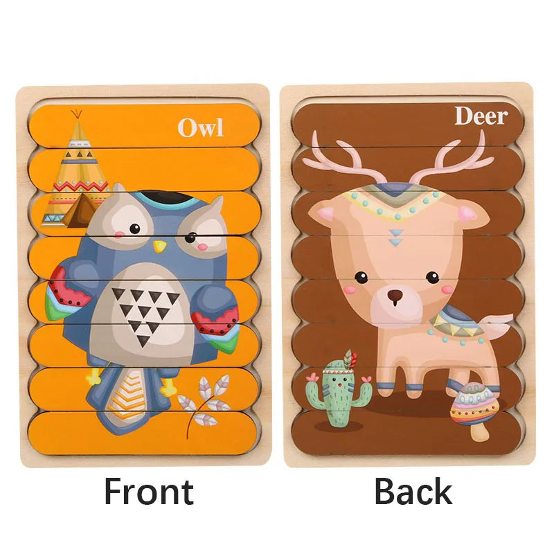 Doppelseitiges Holzpuzzle mit Cartoon-Tieren – Montessori Lernspielzeug für Kinder ab 3 Jahren