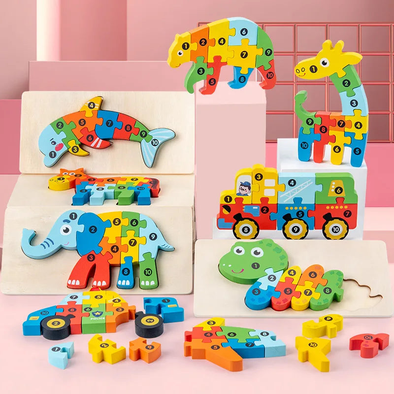 3D Holzpuzzle Dinosaurier & Tiere – Macaron-Stil Lernpuzzle aus Holz (ab 2 Jahre)