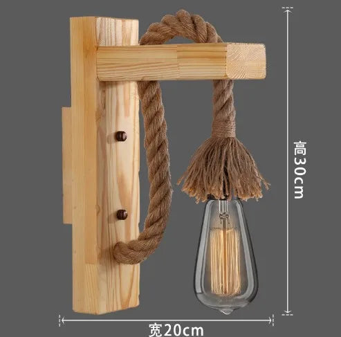 Retro Wandlampe aus Holz & Hanfseil – E27 Edison-Fassung