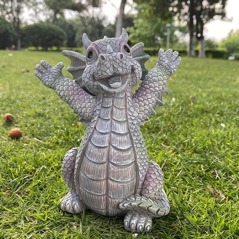 Drachen Meditations-Statue mit LED-Beleuchtung Harz-Ornament Dinosaurier-Skulptur Garten Außendekoration