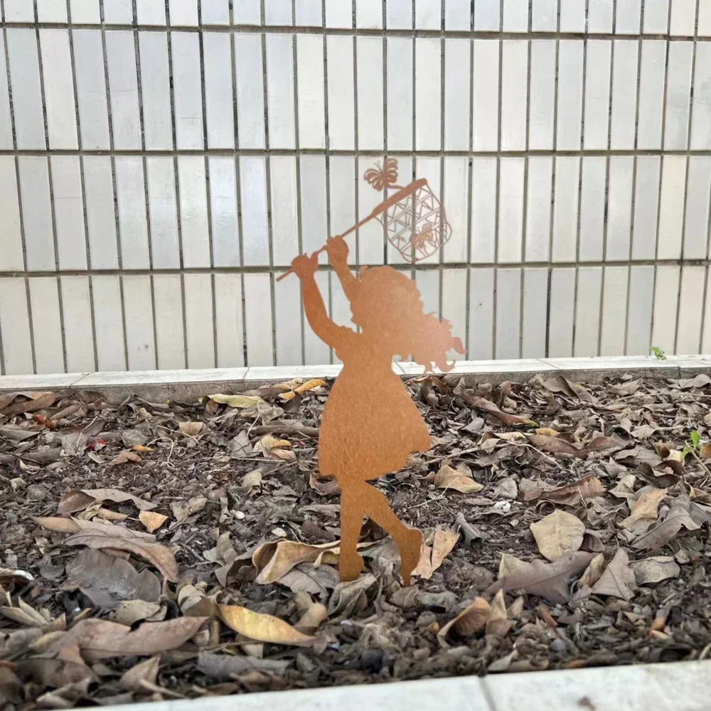 Charmante Metall-Silhouette Gartendekoration Farmhaus-Stil Junge und Mädchen