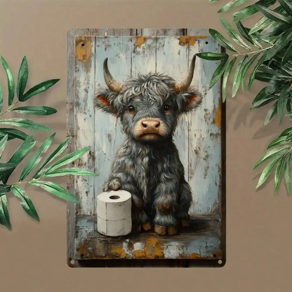 Metallschild Highland-Kuh mit Toilettenpapier – Witzige Vintage-Wanddeko