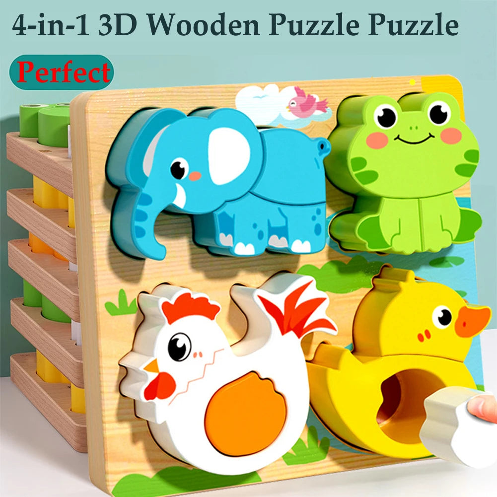 4-in-1 Holzpuzzle Tiere – 3D Lernpuzzle aus Holz für Kinder (3–12 Jahre)
