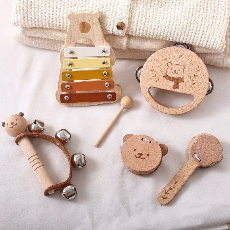 5-teiliges Montessori Musikspielzeug-Set aus Holz – Baby-Musikinstrumente mit Bären-Xylophon für Kinder von 0–6 Jahren