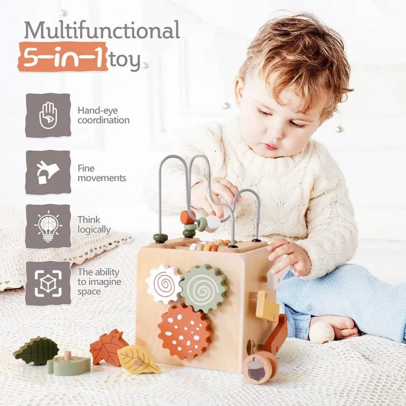 5-in-1 Holz-Aktivitätswürfel Waldthema – Montessori Lernspielzeug (ab 1 Jahr)