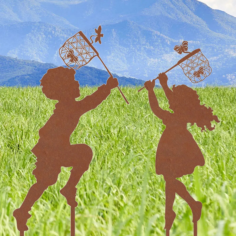 Charmante Metall-Silhouette Gartendekoration Farmhaus-Stil Junge und Mädchen
