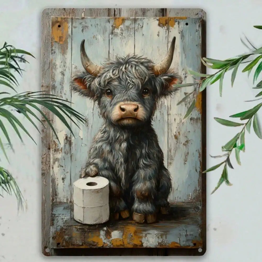 Metallschild Highland-Kuh mit Toilettenpapier – Witzige Vintage-Wanddeko