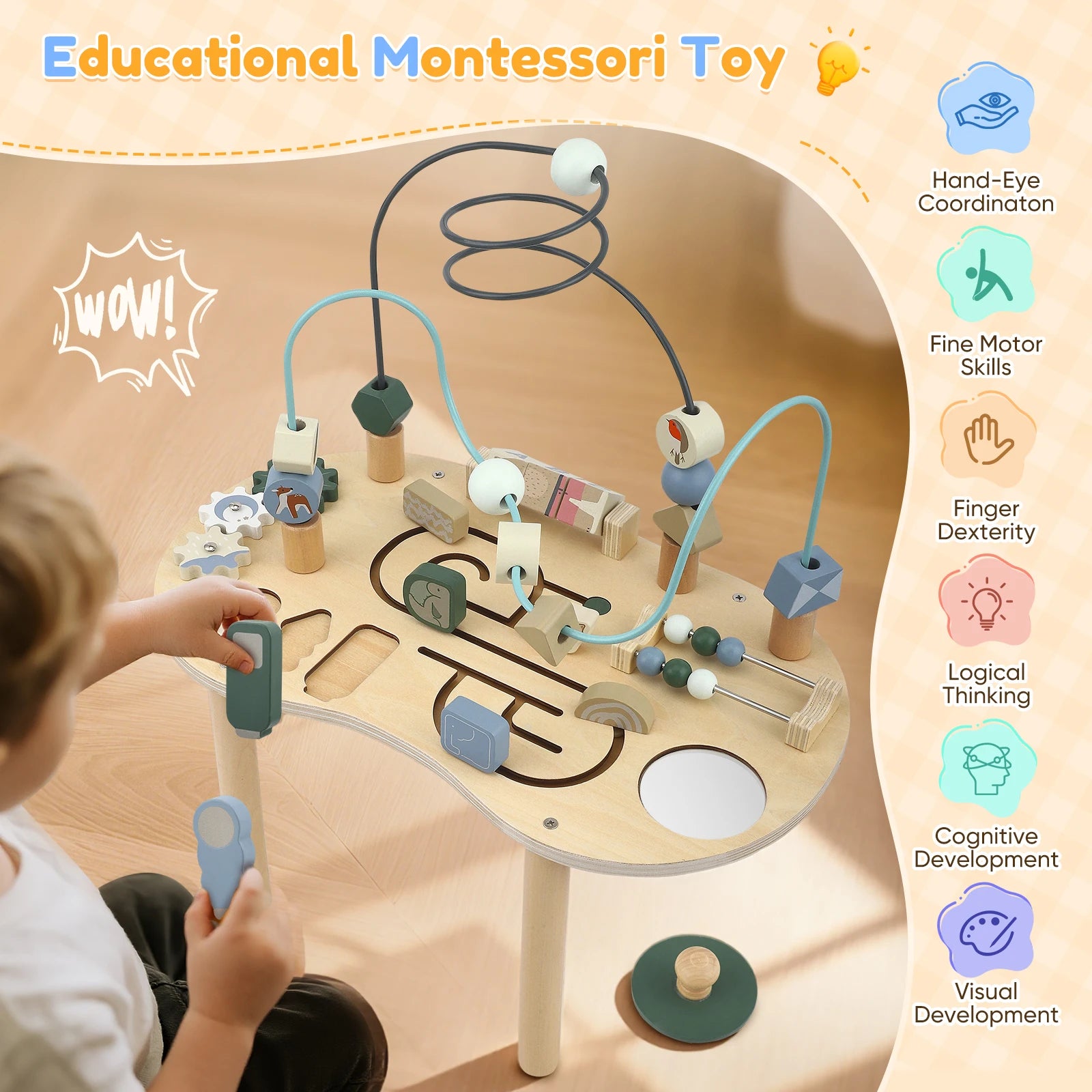 7-in-1 Montessori Aktivitätstisch aus Holz – Sensorisches Lernspielzeug für Kinder (1–5 Jahre)