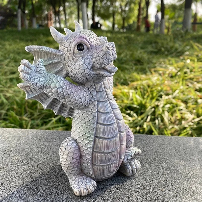 Drachen Meditations-Statue mit LED-Beleuchtung Harz-Ornament Dinosaurier-Skulptur Garten Außendekoration