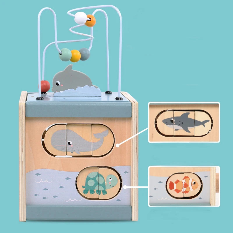 5-in-1 Montessori Aktivitätswürfel aus Holz – Ocean Game Box mit Perlenlabyrinth, Formensortierer & Meerestier-Puzzle ab 3 Jahren