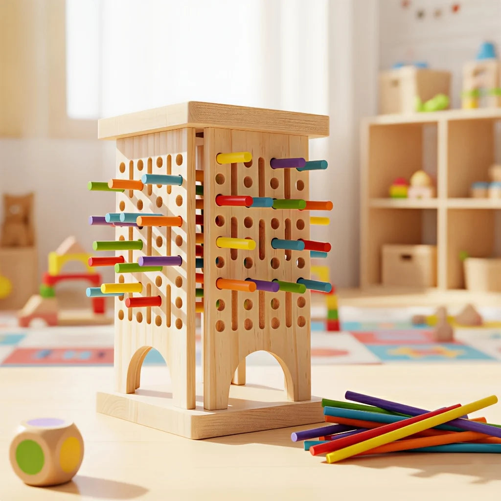 Montessori Holz-Stäbchenspiel – Buntes Würfelspiel mit Mathe & Feinmotorik (ab 3 Jahre)