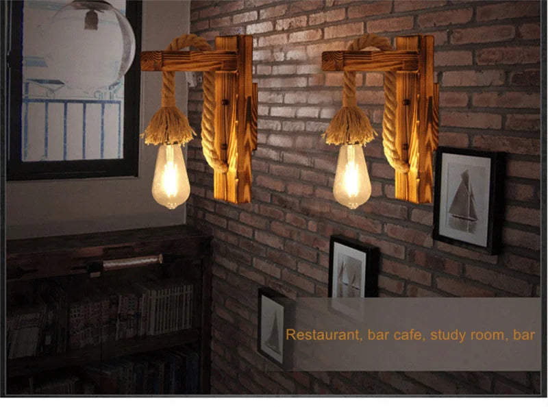 Retro Wandlampe aus Holz & Hanfseil – E27 Edison-Fassung