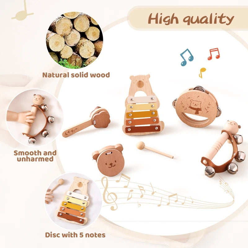 5-teiliges Montessori Musikspielzeug-Set aus Holz – Baby-Musikinstrumente mit Bären-Xylophon für Kinder von 0–6 Jahren