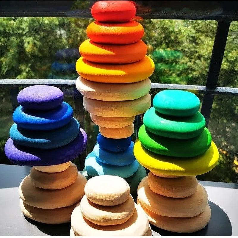 Holz-Regenbogen-Stapelsteine & Flusssteine – Bunte Bausteine zum Stapeln & Balancieren für Kinder ab 4 Jahren