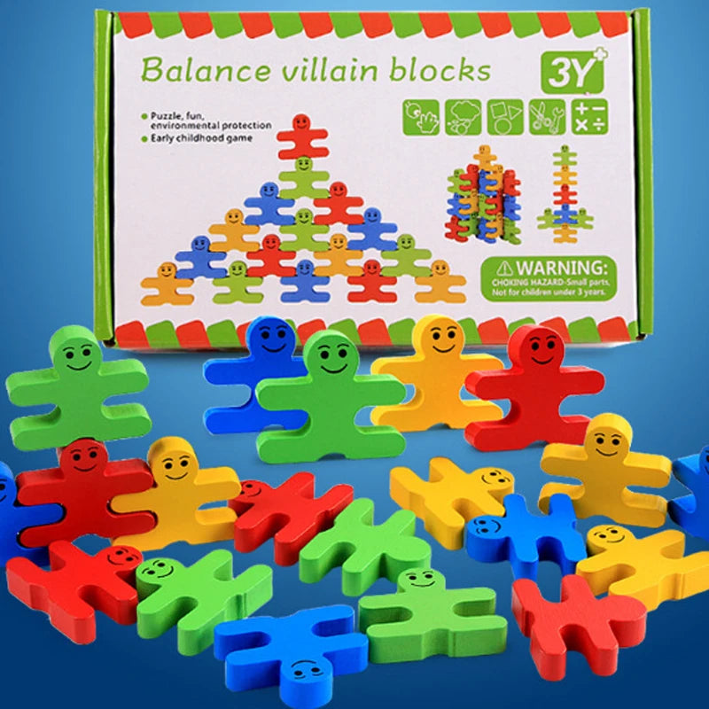 Holz-Balancierspiel mit Figuren-Bausteinen – Montessori Stapelspiel für Feinmotorik & Sortiervermögen