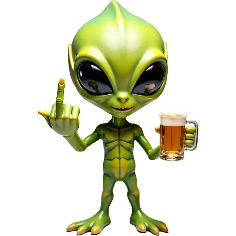 Alien Bier-Skulptur aus Harz – Witzige Gartenfigur mit lustigem Ausdruck, wetterfest für Innen & Außen