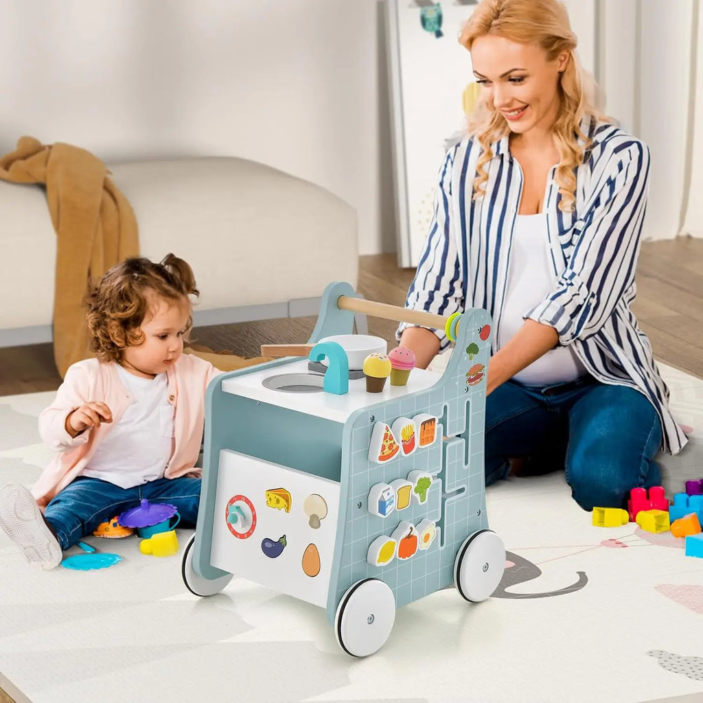 6-in-1 Holz Lauflernwagen mit Spielküche – Lernuhr, Formen & Schieber (ab 12 Monate)