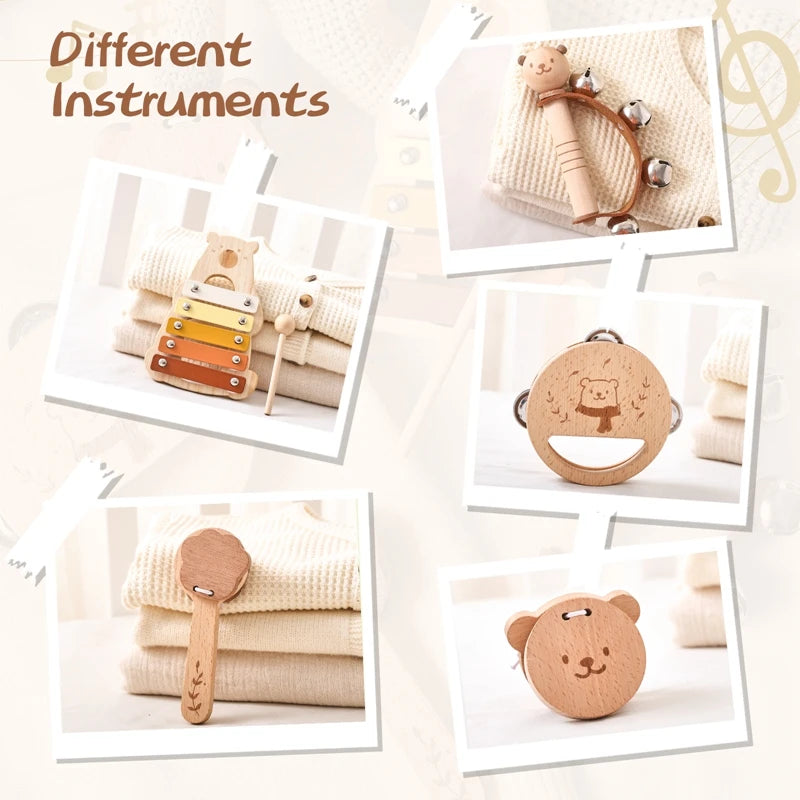 5-teiliges Montessori Musikspielzeug-Set aus Holz – Baby-Musikinstrumente mit Bären-Xylophon für Kinder von 0–6 Jahren