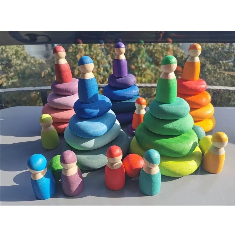Holz-Regenbogen-Stapelsteine & Flusssteine – Bunte Bausteine zum Stapeln & Balancieren für Kinder ab 4 Jahren