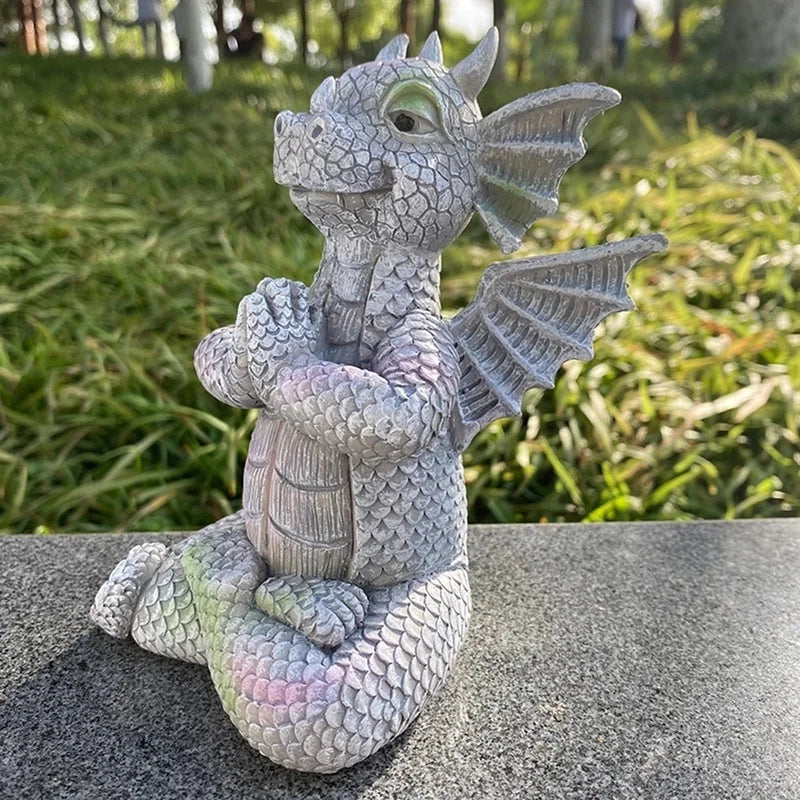 Drachen Meditations-Statue mit LED-Beleuchtung Harz-Ornament Dinosaurier-Skulptur Garten Außendekoration