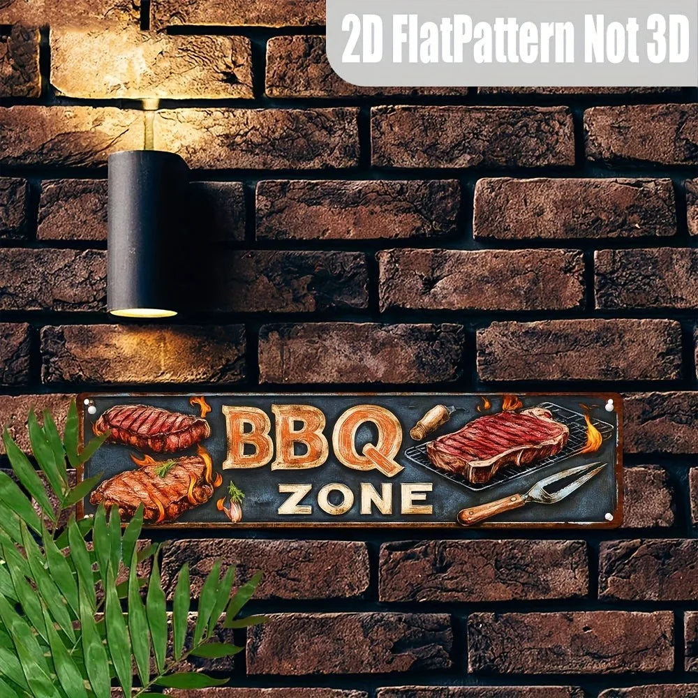 Retro BBQ Zone Metal Sign - Vintage Metal Wall Decor
