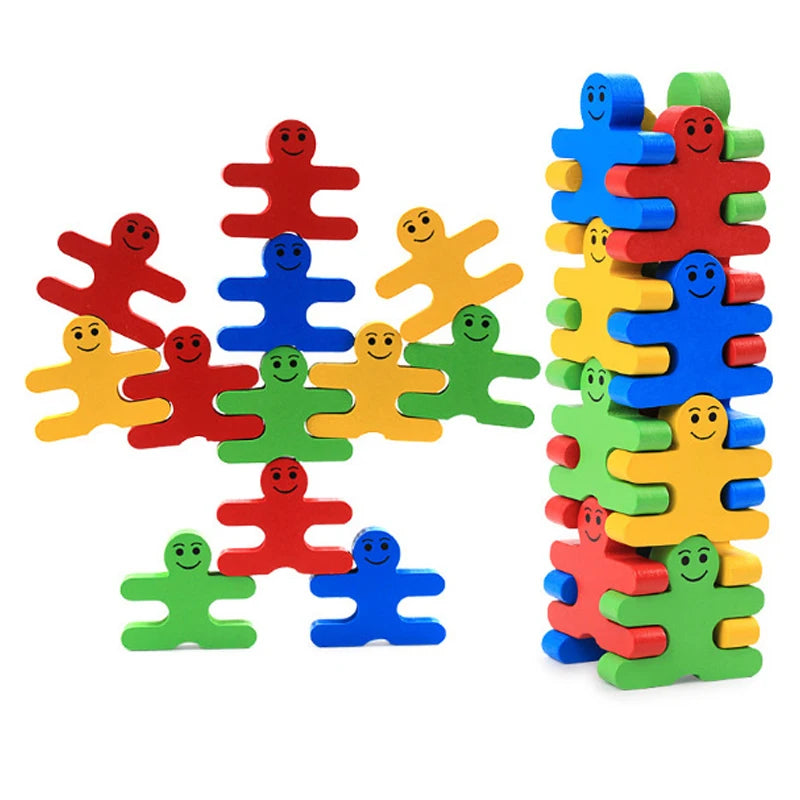 Holz-Balancierspiel mit Figuren-Bausteinen – Montessori Stapelspiel für Feinmotorik & Sortiervermögen
