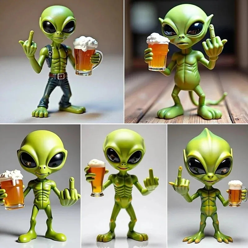 Alien Bier-Skulptur aus Harz – Witzige Gartenfigur mit lustigem Ausdruck, wetterfest für Innen & Außen