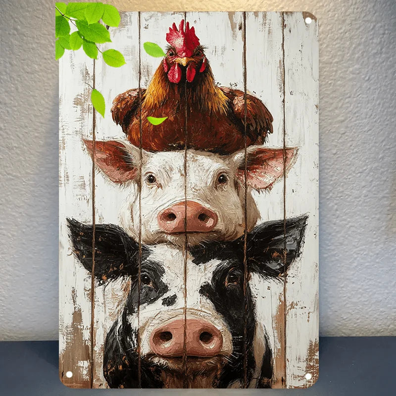 Bauernhof Retro Hahn & Schwein Aluminium-Wandschild – Vintage