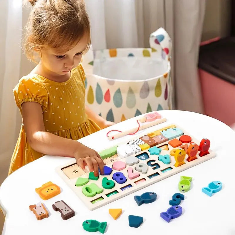 Montessori 4-in-1 Holz Busy Board – Angelspiel, Formen & Zahlen (ab 4 Jahre)
