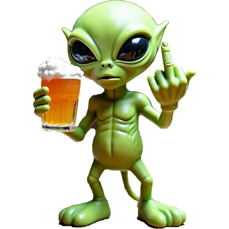 Alien Bier-Skulptur aus Harz – Witzige Gartenfigur mit lustigem Ausdruck, wetterfest für Innen & Außen