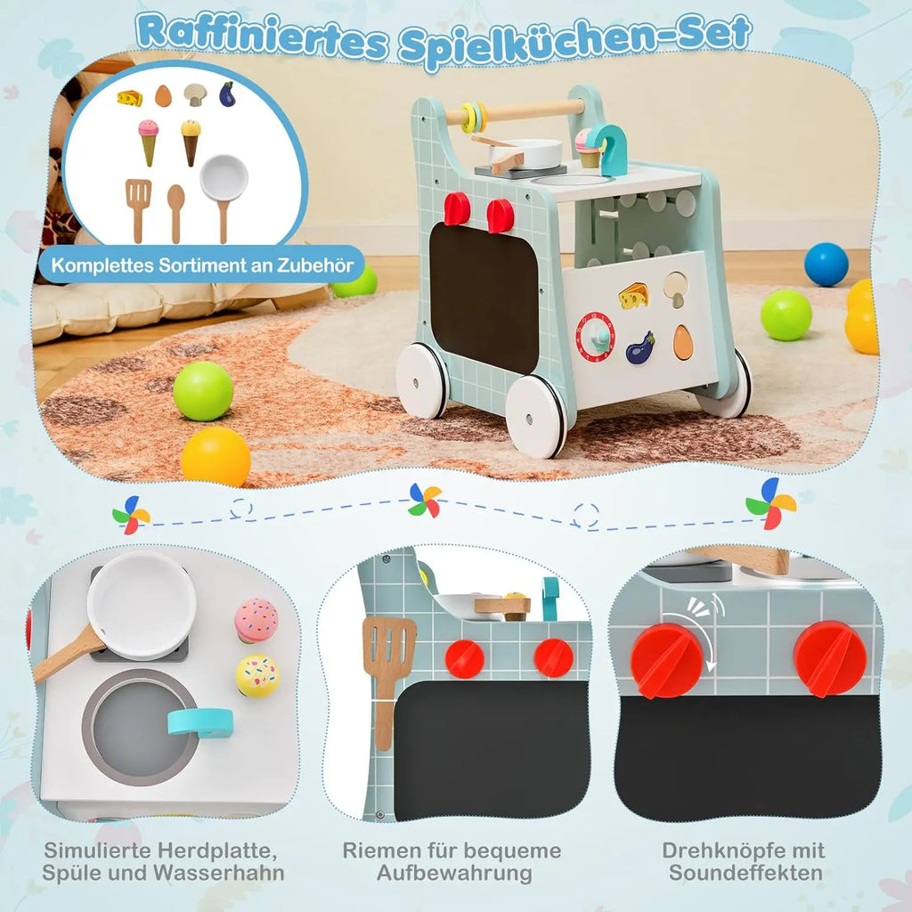 6-in-1 Holz Lauflernwagen mit Spielküche – Lernuhr, Formen & Schieber (ab 12 Monate)