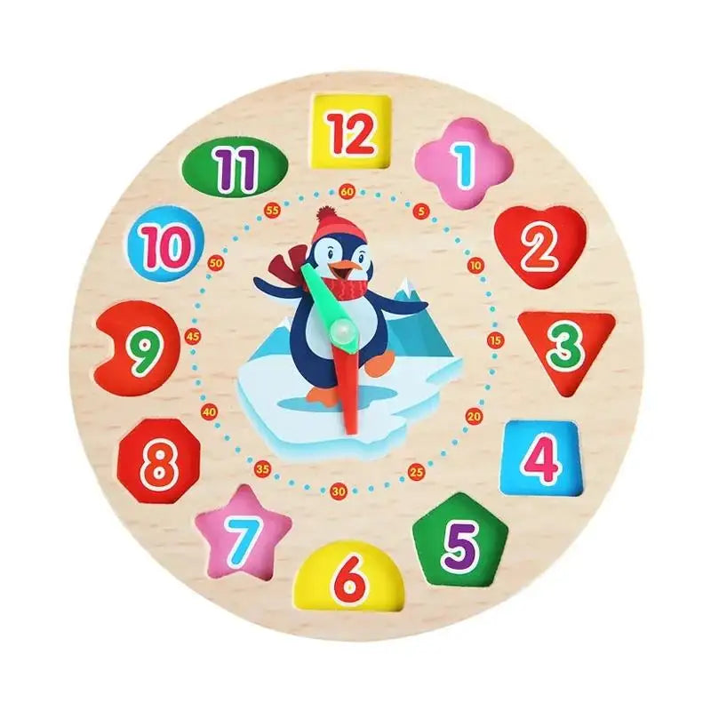 Montessori Holzuhr mit Zahlen & Pinguinmotiv – Lernspielzeug zum Uhrlesen & Farben-Sortieren für Kinder ab 3 Jahren