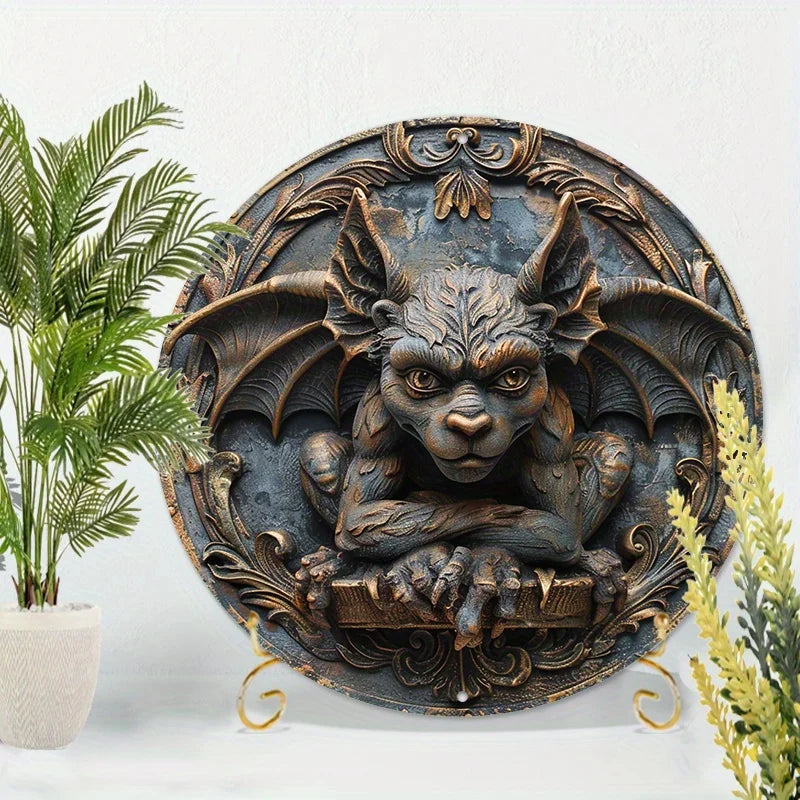 Rundes Gargoyle-Schild aus Aluminium – Gothic Wanddeko