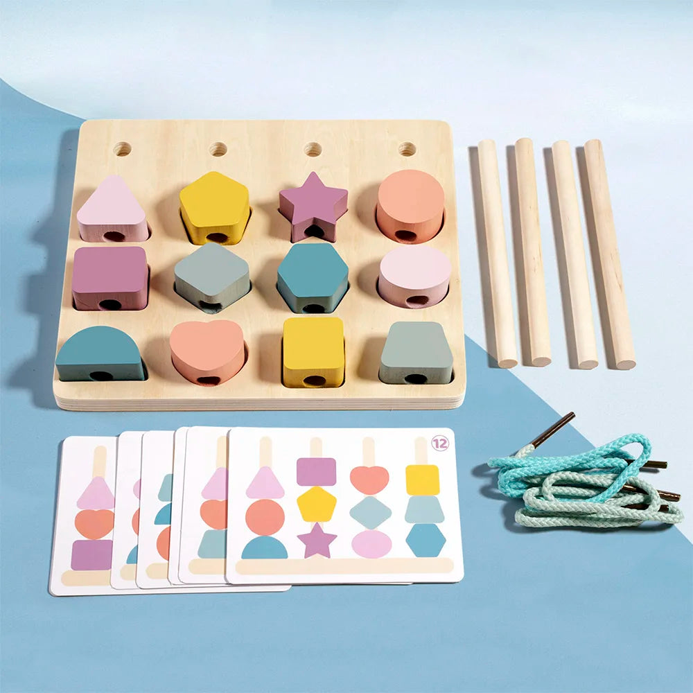 Montessori Holzpuzzle mit bunten Perlen & Karten – Farb- & Formensortierspiel für Kinder ab 3 Jahren