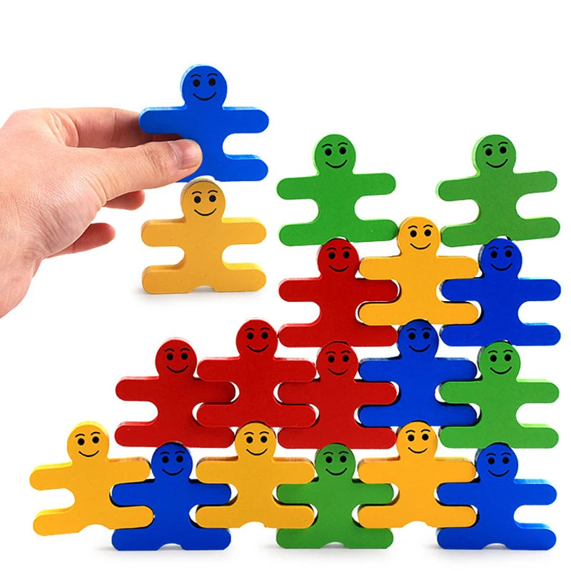 Holz-Balancierspiel mit Figuren-Bausteinen – Montessori Stapelspiel für Feinmotorik & Sortiervermögen