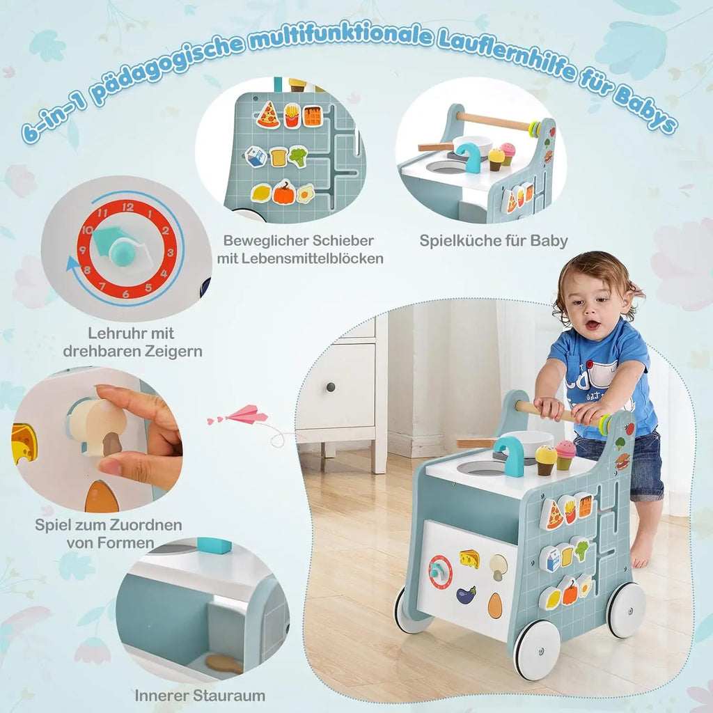 6-in-1 Holz Lauflernwagen mit Spielküche – Lernuhr, Formen & Schieber (ab 12 Monate)