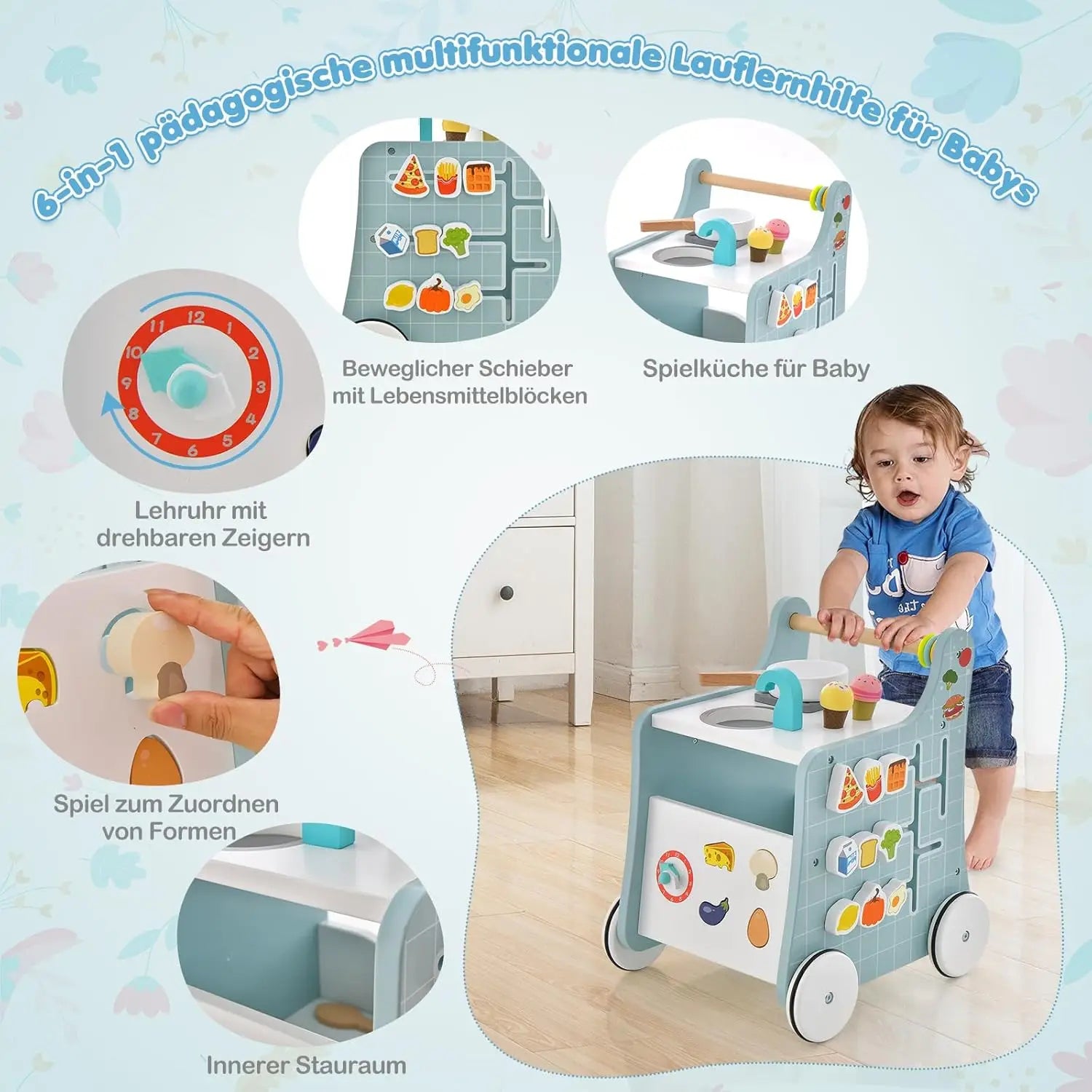 6-in-1 Holz Lauflernwagen mit Spielküche – Lernuhr, Formen & Schieber (ab 12 Monate)