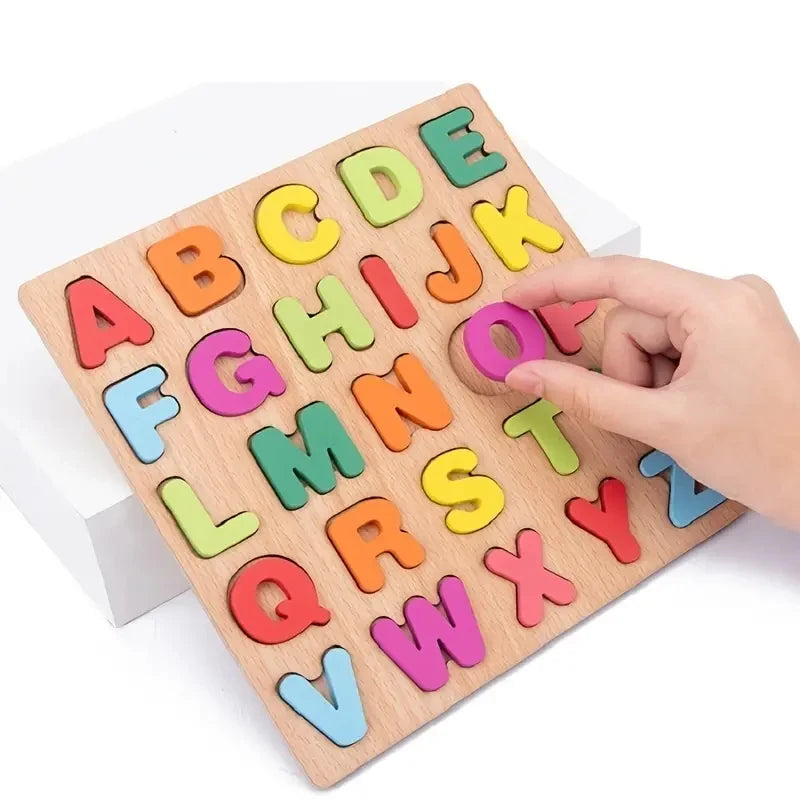 3D Buntes Buchstaben- & Zahlenpuzzle aus Holz – Montessori Lernspielzeug für Mathematik & Buchstabenerkennung ab 2 Jahren