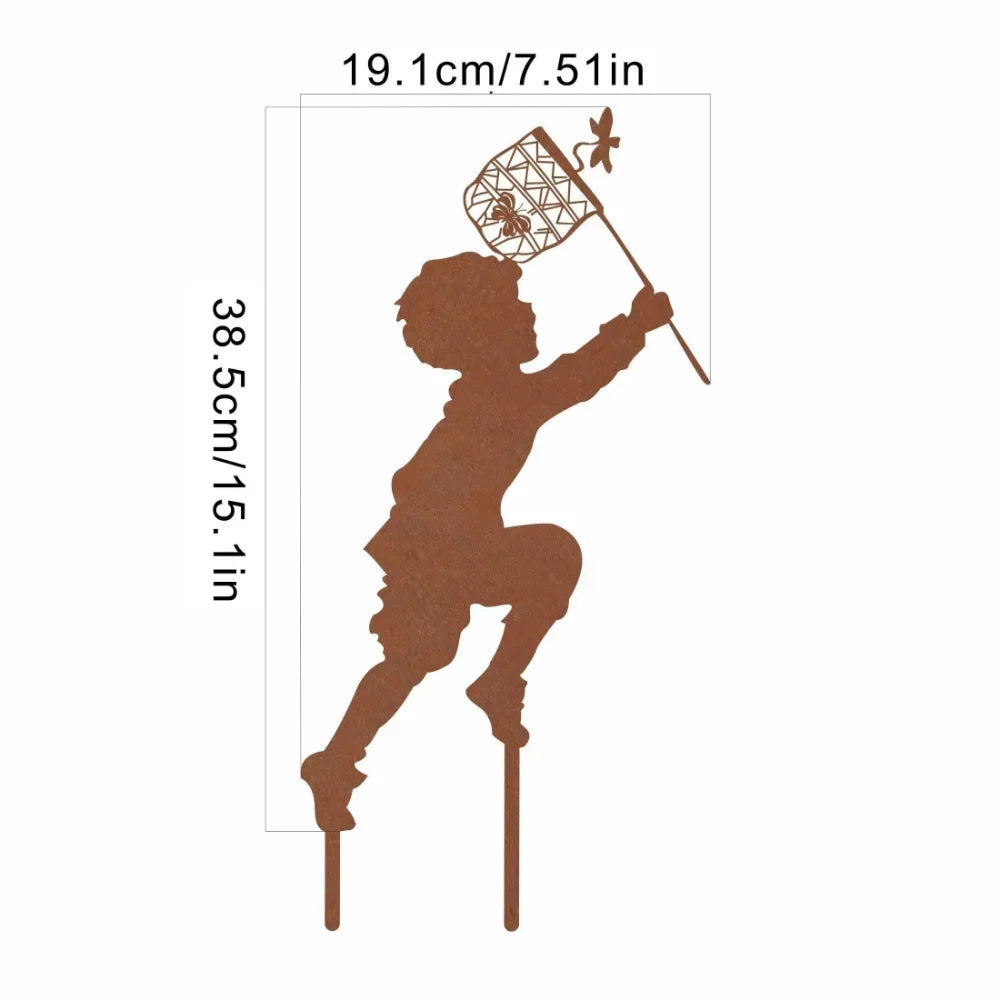 Charmante Metall-Silhouette Gartendekoration Farmhaus-Stil Junge und Mädchen
