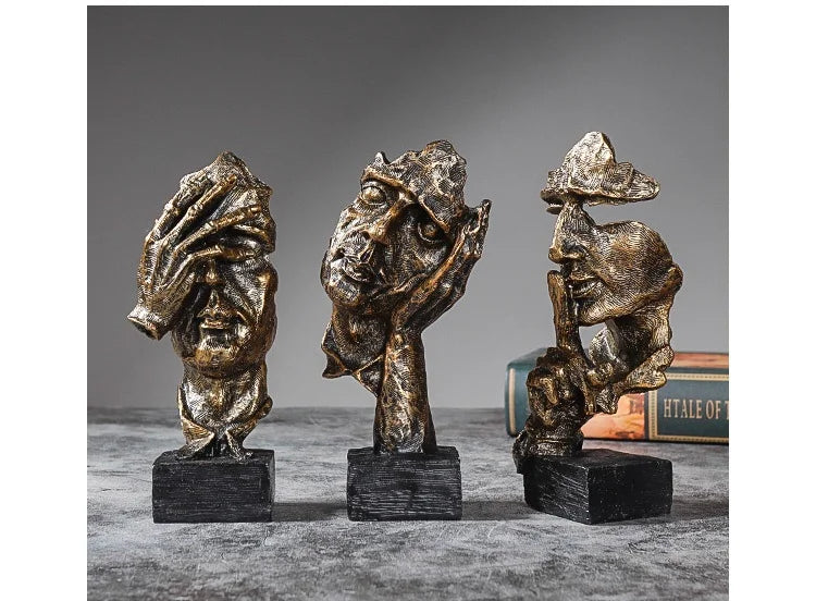 3er-Set Abstrakte Skulpturen „Schweigen ist Gold“ – 16 cm Resin