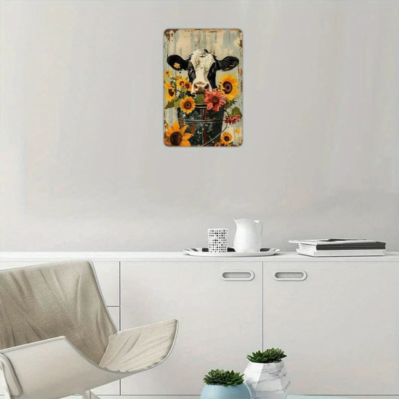 Vintage Kuh & Sonnenblumen Metallschild – Rustikale Wanddeko