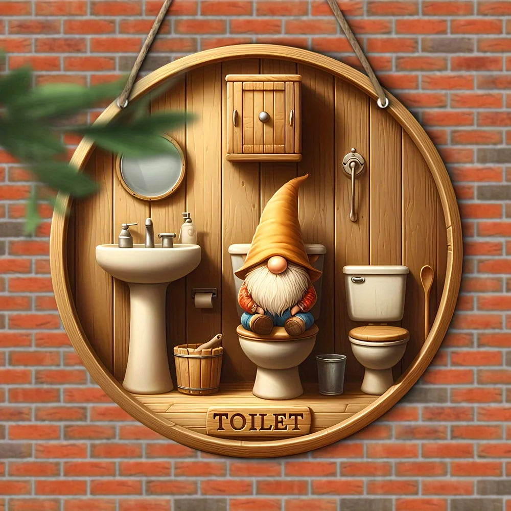 Runde Holz-Dekoplatte mit Gartenzwerg-Motiv – Türschild Bad