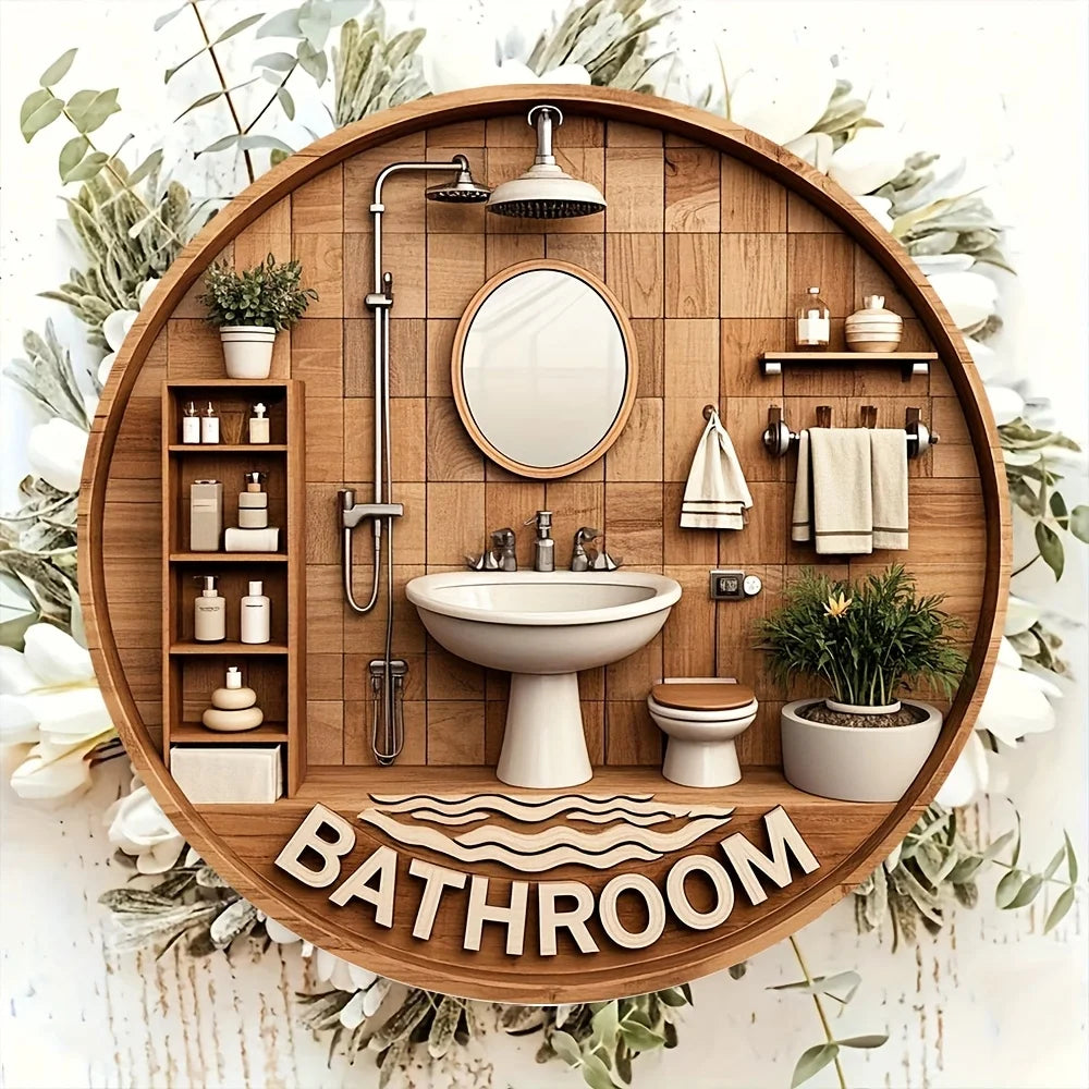 Runde Holz-Dekoplatte mit Gartenzwerg-Motiv – Türschild Bad