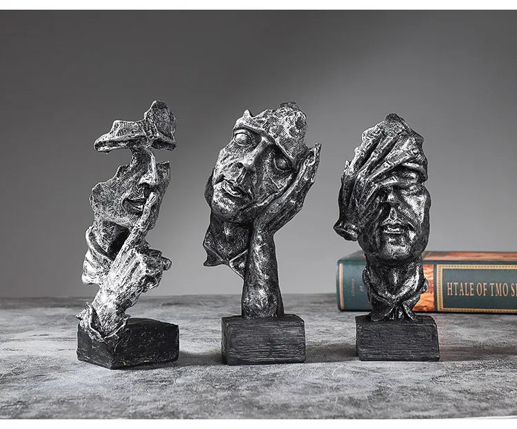 3er-Set Abstrakte Skulpturen „Schweigen ist Gold“ – 16 cm Resin