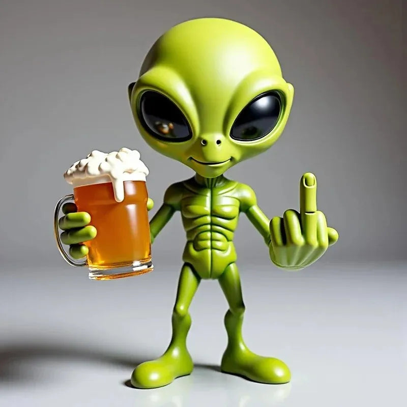 Alien Bier-Skulptur aus Harz – Witzige Gartenfigur mit lustigem Ausdruck, wetterfest für Innen & Außen
