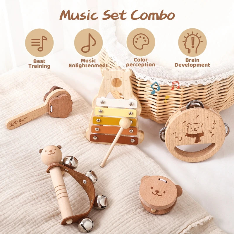 5-teiliges Montessori Musikspielzeug-Set aus Holz – Baby-Musikinstrumente mit Bären-Xylophon für Kinder von 0–6 Jahren